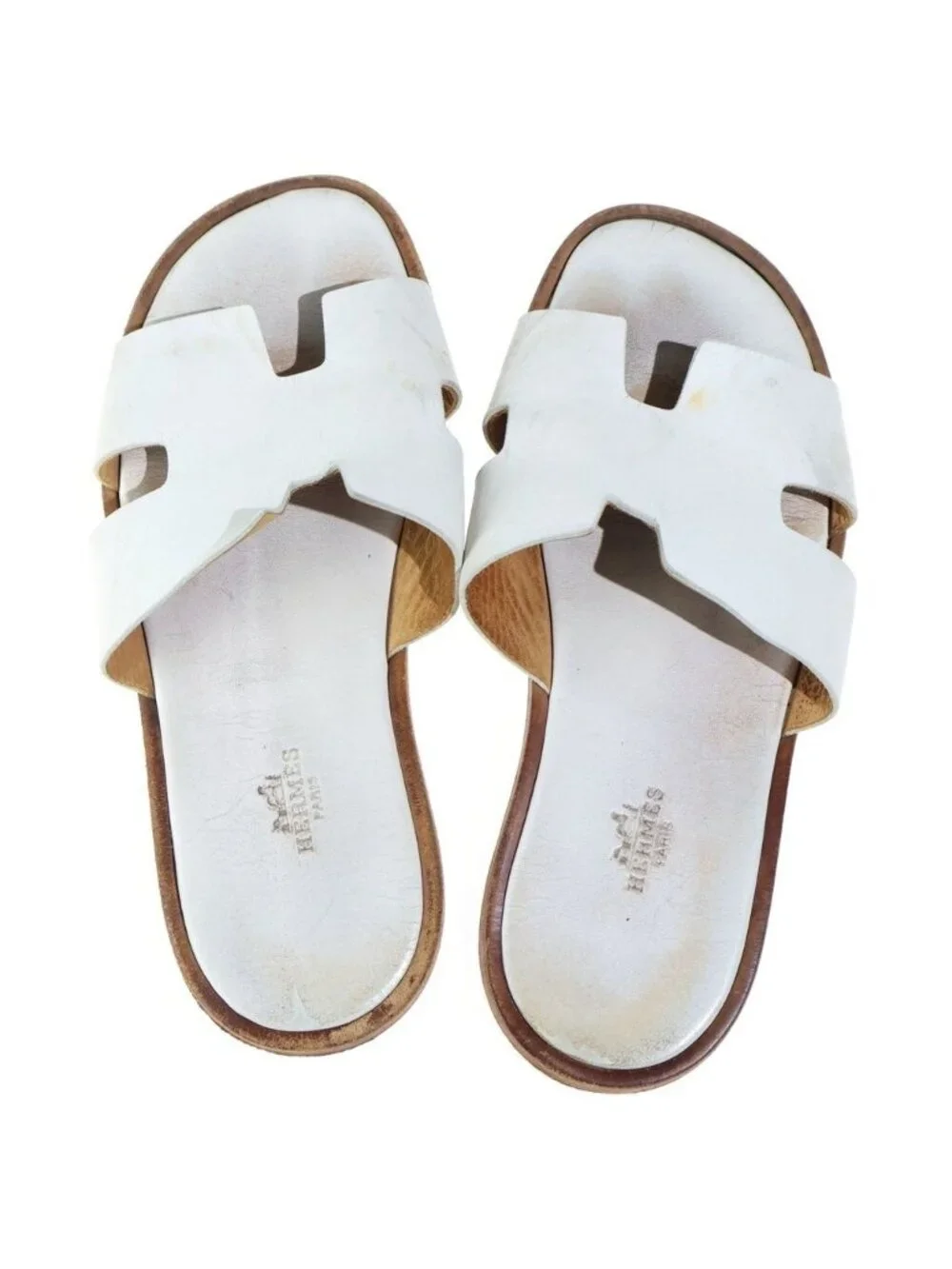 Hermes Izmir Leather Flat Sandals Slides White